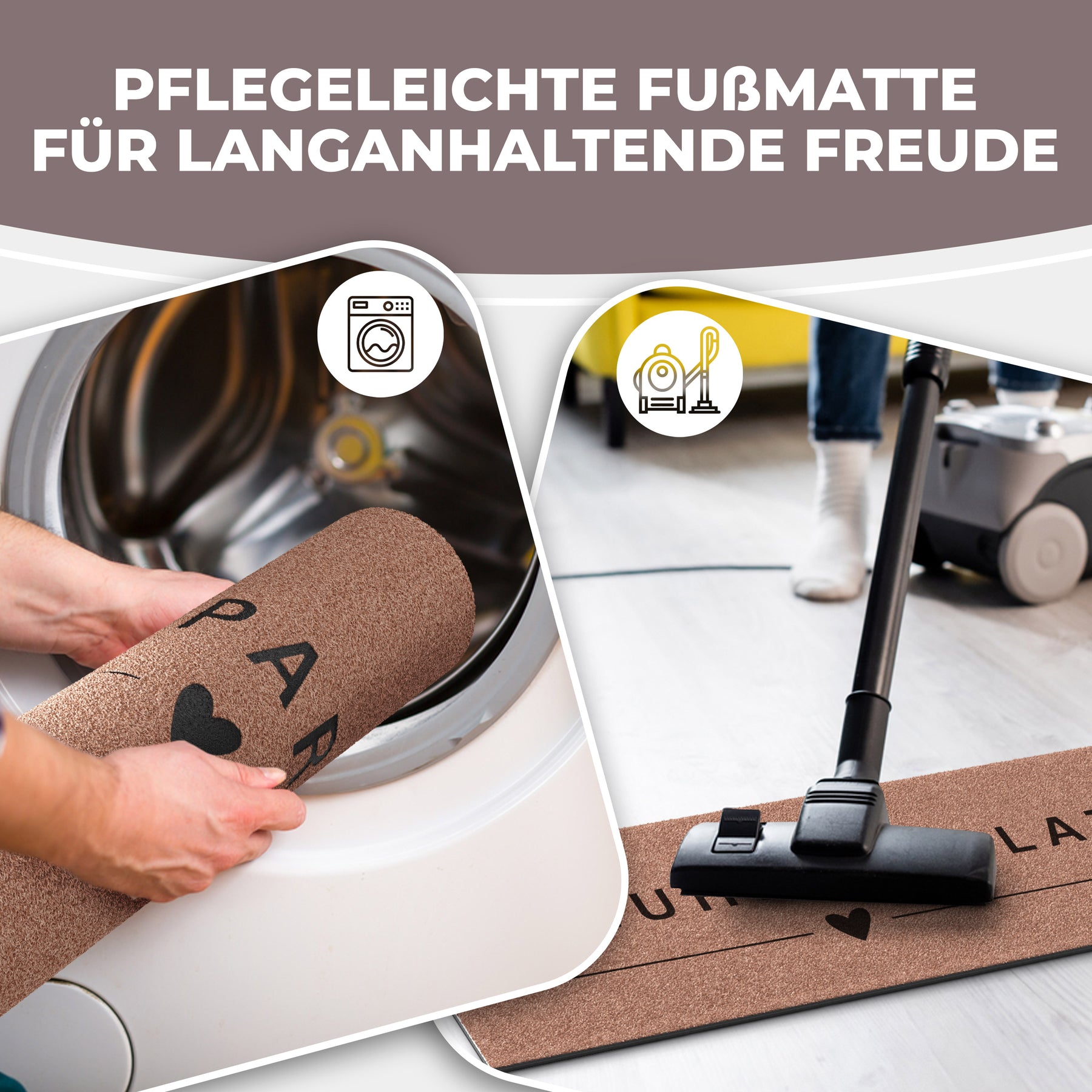 Grafik zeigt eine mokkabraune ElbFuchs Schuhparkplatz Matte mit Herz-Symbol, die in eine Waschmaschine gerollt und anschließend mit einem Staubsauger gereinigt wird – Hinweis auf die pflegeleichte, waschbare Ausführung.