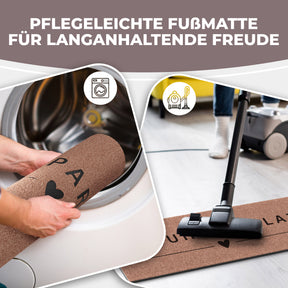 Grafik zeigt eine mokkabraune ElbFuchs Schuhparkplatz Matte mit Herz-Symbol, die in eine Waschmaschine gerollt und anschließend mit einem Staubsauger gereinigt wird – Hinweis auf die pflegeleichte, waschbare Ausführung.