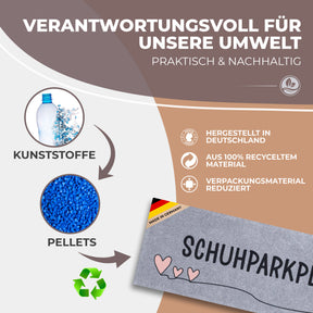 Infografik zur Nachhaltigkeit der grauen ElbFuchs Schuhparkplatz Fußmatte mit rosa Herzen: recycelte Kunststoffflaschen werden zu blauen Pellets verarbeitet und zur in Deutschland gefertigten Matte weiterverarbeitet.