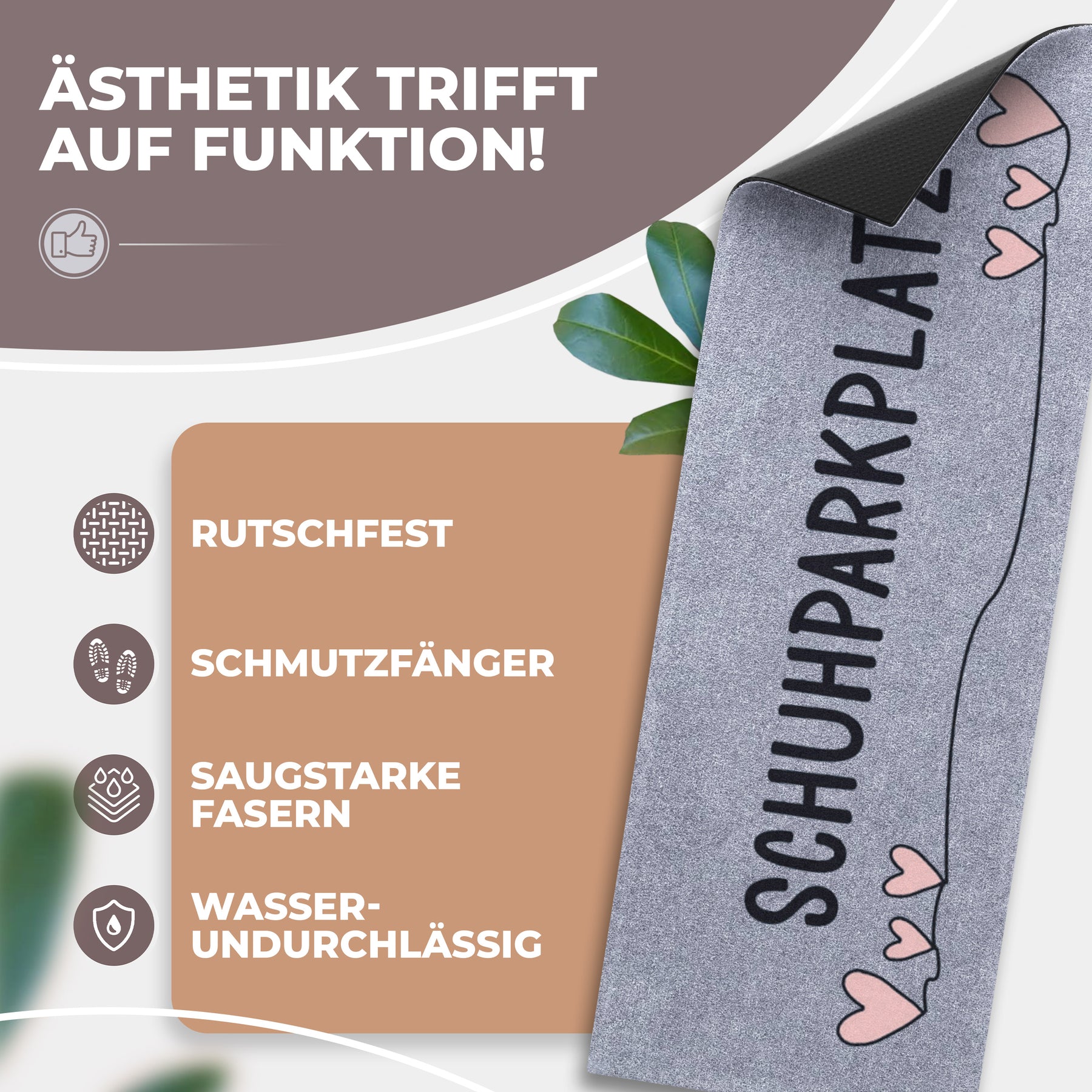 Eine aufgerollte graue ElbFuchs Schuhparkplatz Fußmatte mit vertikalem Schriftzug und rosa Herzen sowie sichtbarer schwarzer, rutschfester Unterseite vor grünen Blättern; Icons zeigen Rutschfestigkeit, Schmutzfang und Wasserundurchlässigkeit.