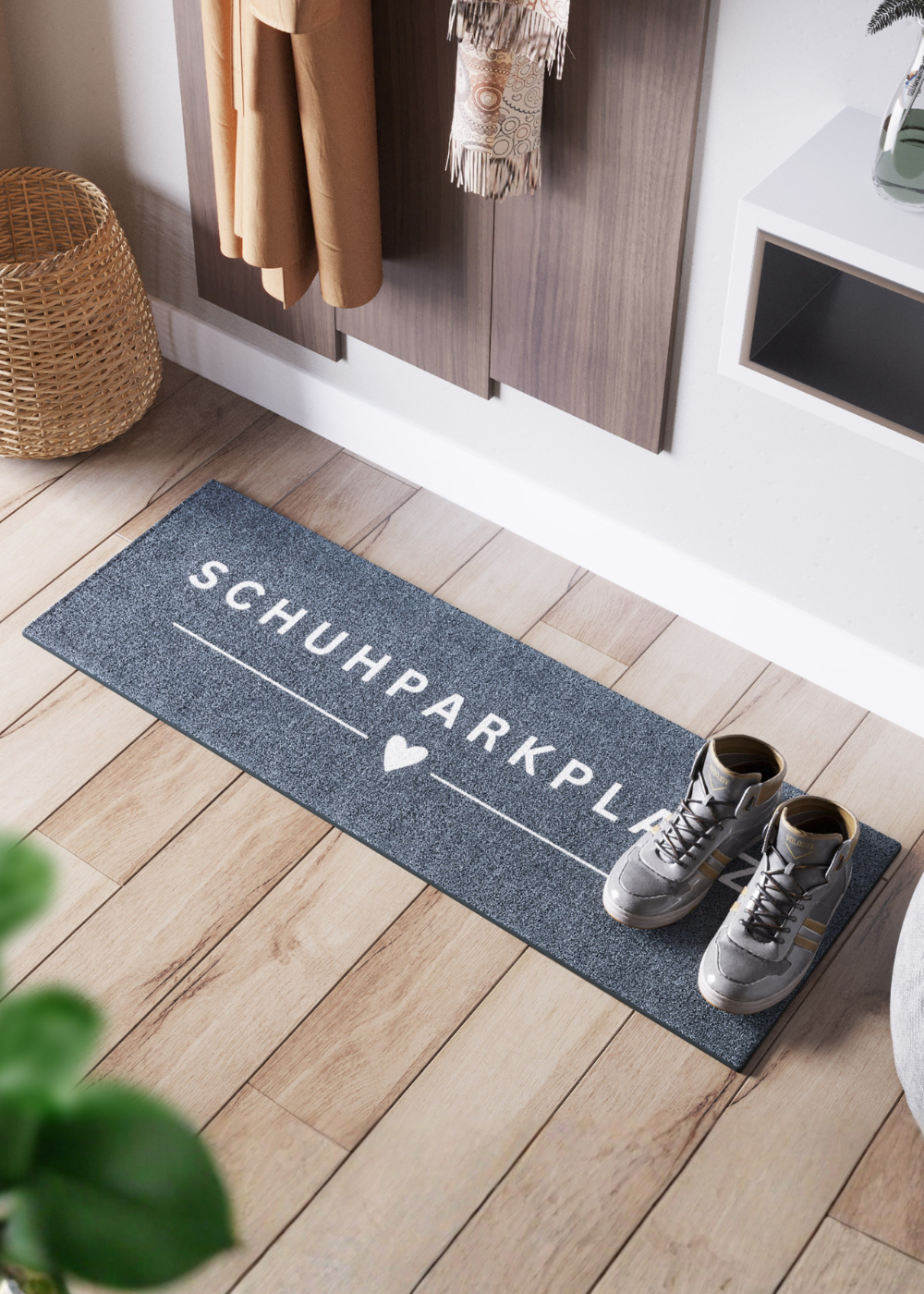 Hochwertige 100x35 cm Schuhmatte der Hamburger Brand ElbFuchs. Nachhaltige Schmutzfangmatte 'Schuhparkplatz' für den Eingangsbereich aus recycelten Kuststoffen, geordnet und sauberes Abstellen der Schuhe.