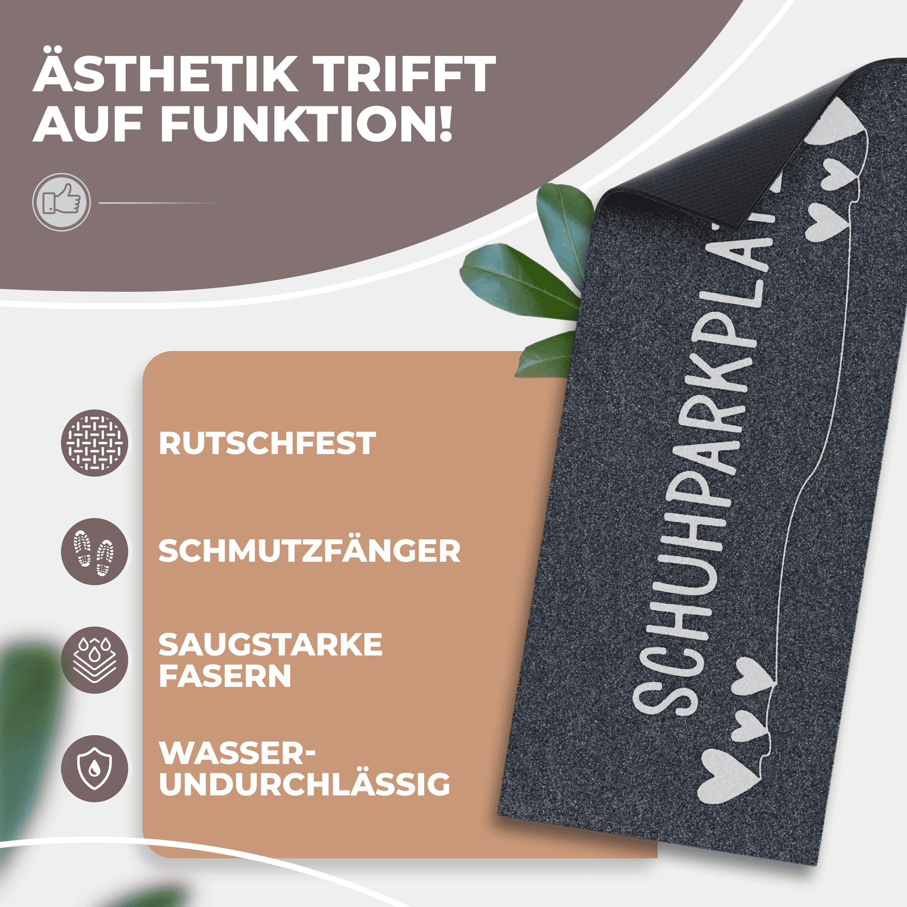 Infografik zum ElbFuchs Schuhparkplatz mit den Eigenschaften rutschfest, schmutzfangend, saugstark und wasserundurchlässig, dargestellt neben der aufgerollten dunkelgrauen Matte mit weißer Beschriftung.
