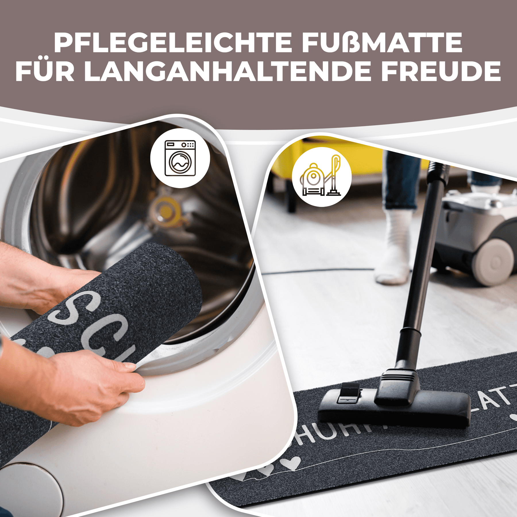 Zwei Szenen zeigen die Pflege des ElbFuchs Schuhparkplatzes: Hände legen die dunkle Fußmatte in eine Waschmaschine, während sie im zweiten Bild mit einem Staubsauger von Schmutz befreit wird.