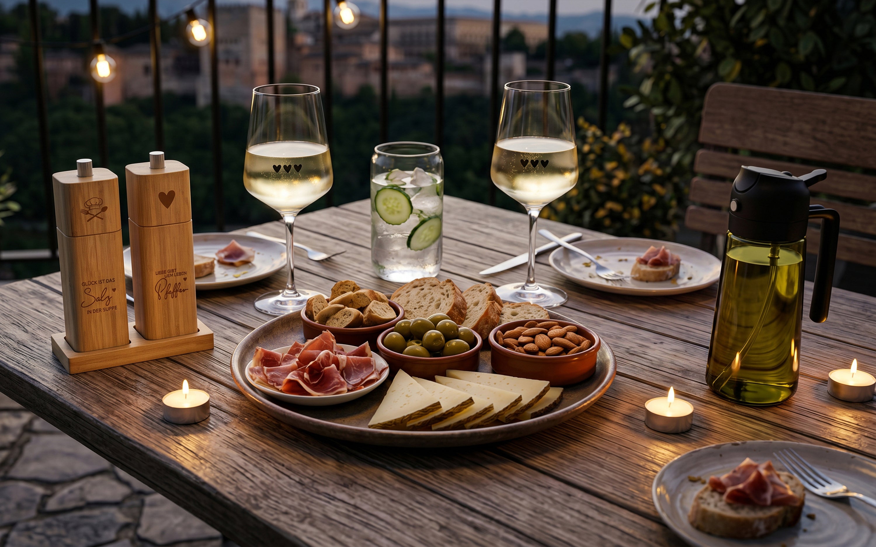 ElbFuchs Aperitifgläser mit Herzgravur, gravierte Salz- und Pfeffermühlen aus Holz und unser grüner Ölsprüher aus Glas auf einem gedeckten Holz-Gartentisch mit Tapas bei Kerzenschein. Ein stimmungsvoller Genussmoment bei Dämmerung auf einer Terrasse mit historischer Kulisse im Hintergrund.