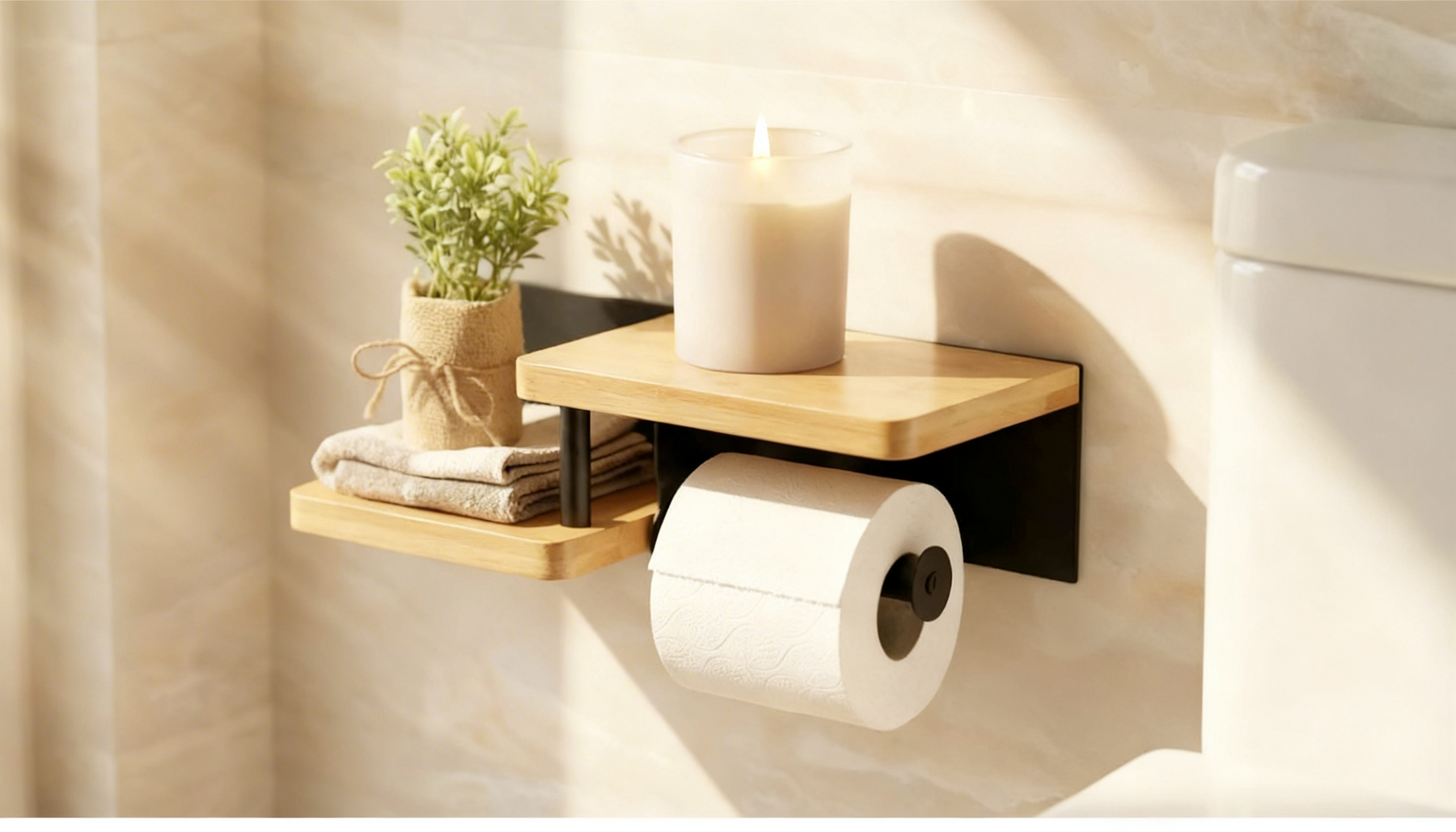 Wandmontierter ElbFuchs Toilettenpapierhalter in Schwarz mit doppelter Holz-Ablage aus Bambus, dekoriert mit Kerze und kleiner Pflanze im Badezimmer.