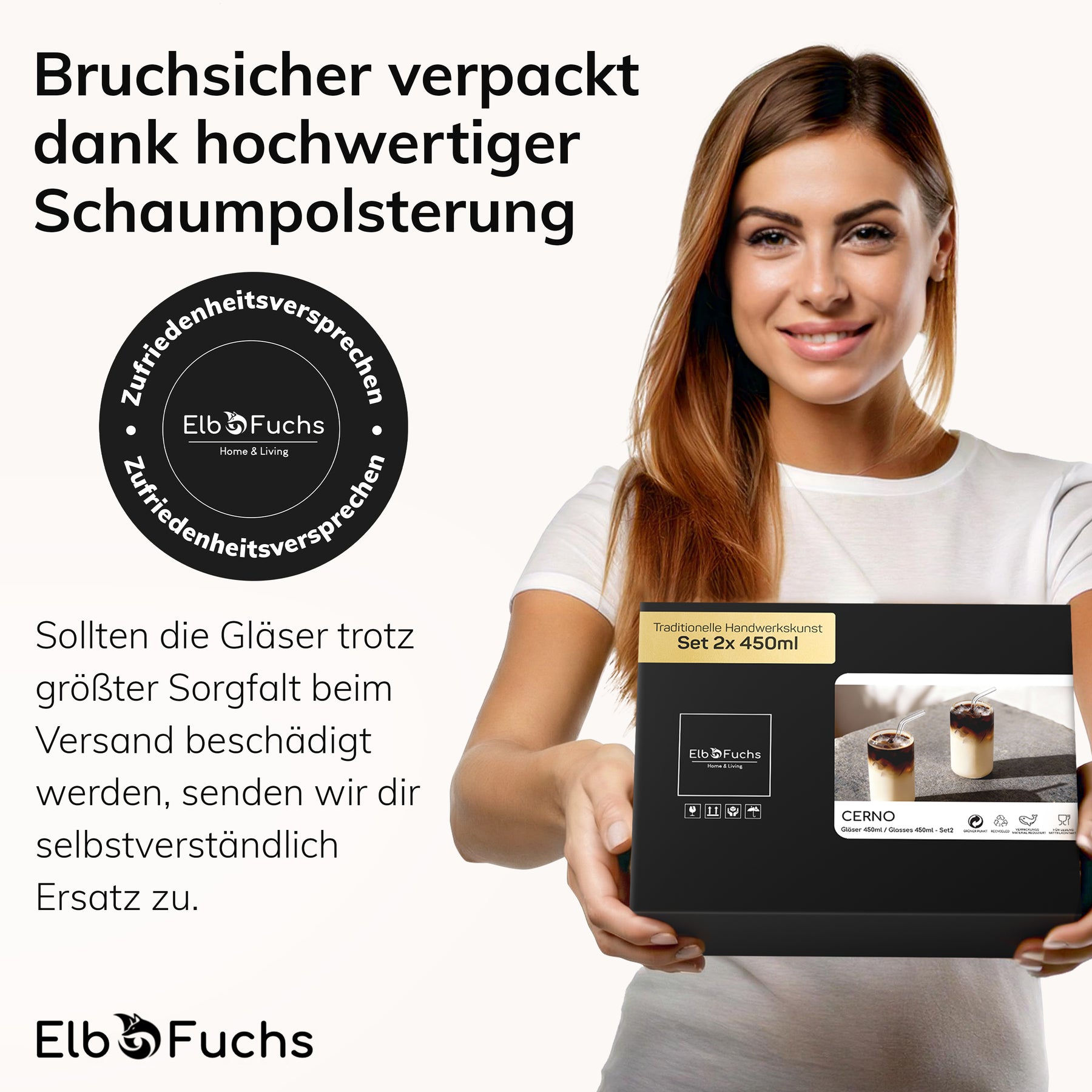 Eine lächelnde Frau im weißen ElbFuchs T-Shirt hält eine CERNO Geschenkbox mit dem Set 2x 450ml in den Händen, daneben das Zufriedenheitsversprechen-Siegel und der Hinweis auf die bruchsichere Verpackung dank hochwertiger Schaumpolsterung.