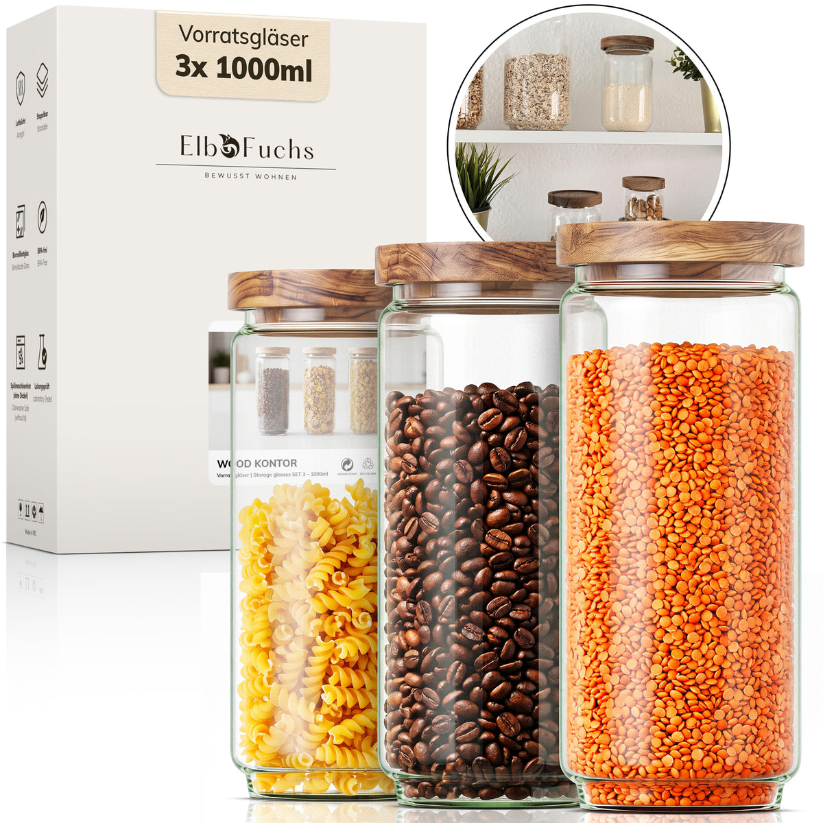 ElbFuchs Vorratsgläser 1000ml im 3er-Set der Serie WOOD KONTOR, gefüllt mit gelben Fusilli, Kaffeebohnen und roten Linsen, davor die zugehörige Verpackung mit Produktdetails.