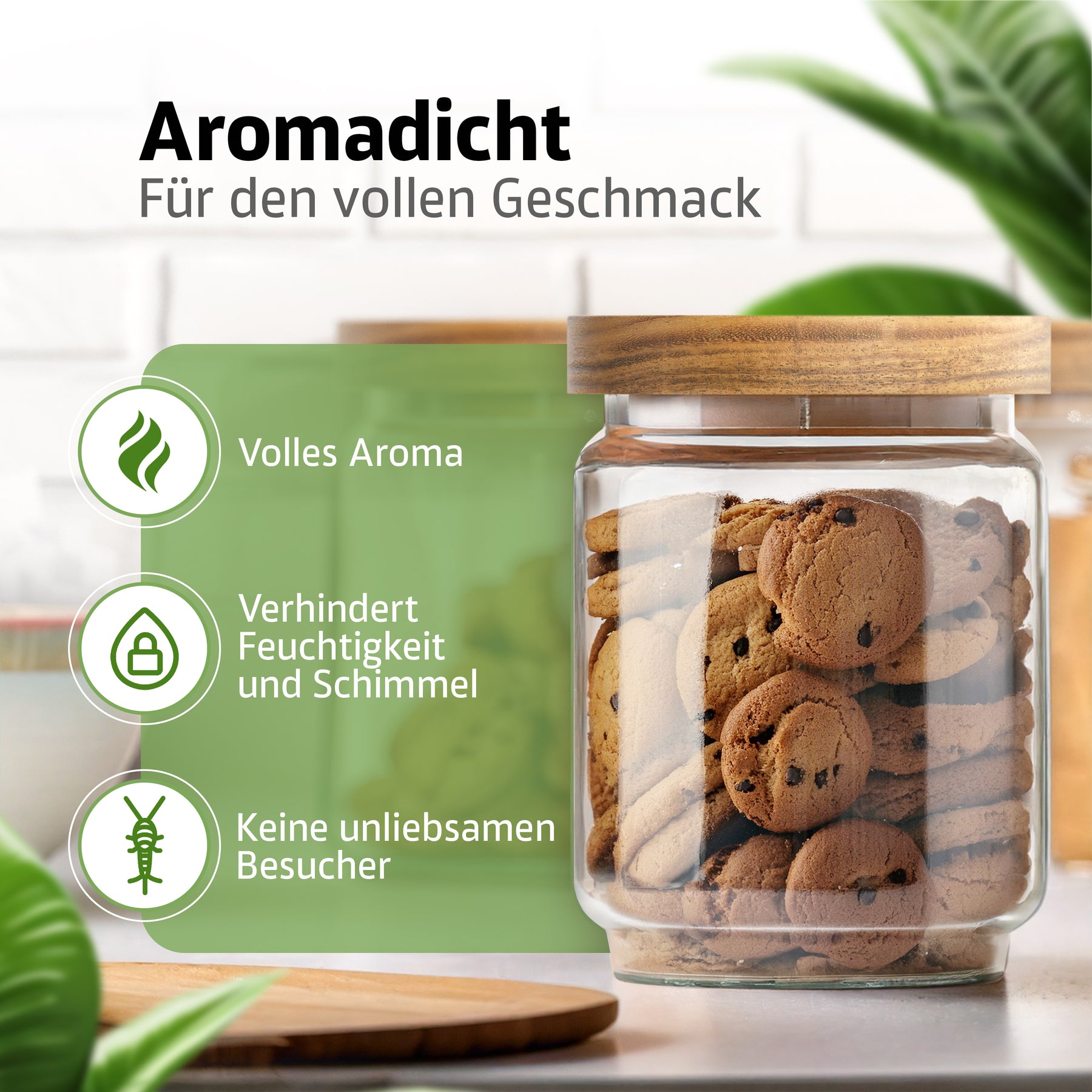 Ein ElbFuchs Vorratsglas WOOD KONTOR mit Holzdeckel, prall gefüllt mit Schokoladenkeksen, steht vor einer weißen Backsteinwand zwischen grünen Blättern – aromadicht verschlossen für maximale Frische.
