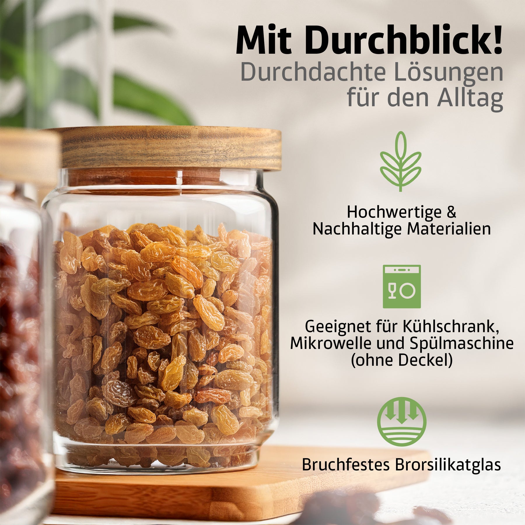 Ein ElbFuchs Vorratsglas WOOD KONTOR mit Holzdeckel, gefüllt mit goldenen Rosinen, steht auf einem Holzbrett vor hellem Hintergrund mit grüner Pflanze.