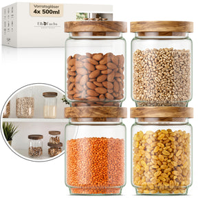ElbFuchs Vorratsgläser 500ml im 4er-Set WOOD KONTOR, gefüllt mit Mandeln, Perlgraupen, roten Linsen und goldenen Rosinen, davor die zugehörige Verpackung mit Produktdetails.