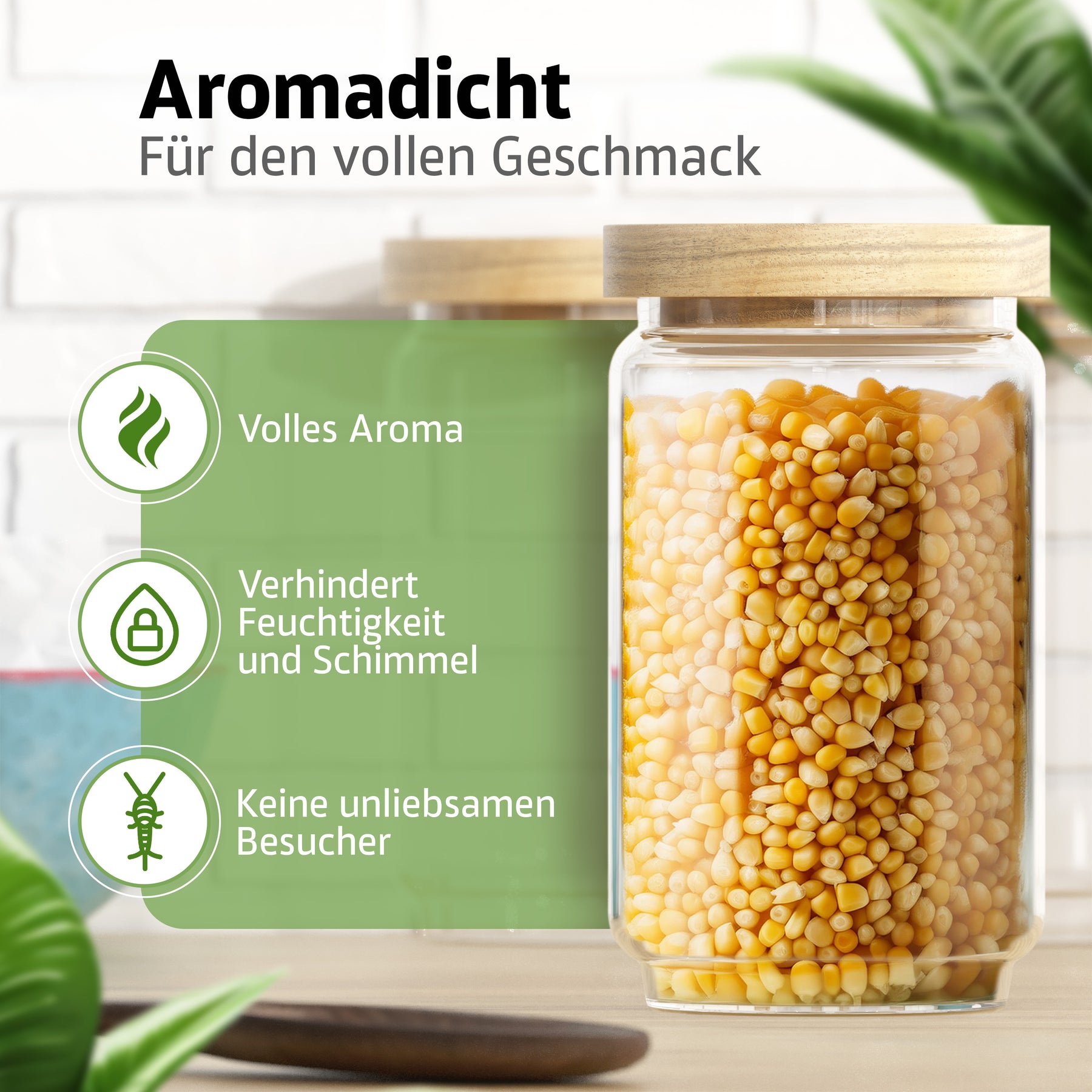 Ein ElbFuchs Vorratsglas WOOD KONTOR mit Holzdeckel, gefüllt mit gelben Maiskörnern, steht auf einer Holzplatte vor weißer Backsteinwand zwischen grünen Blättern – aromadicht und schützt vor Feuchtigkeit und Schädlingen.