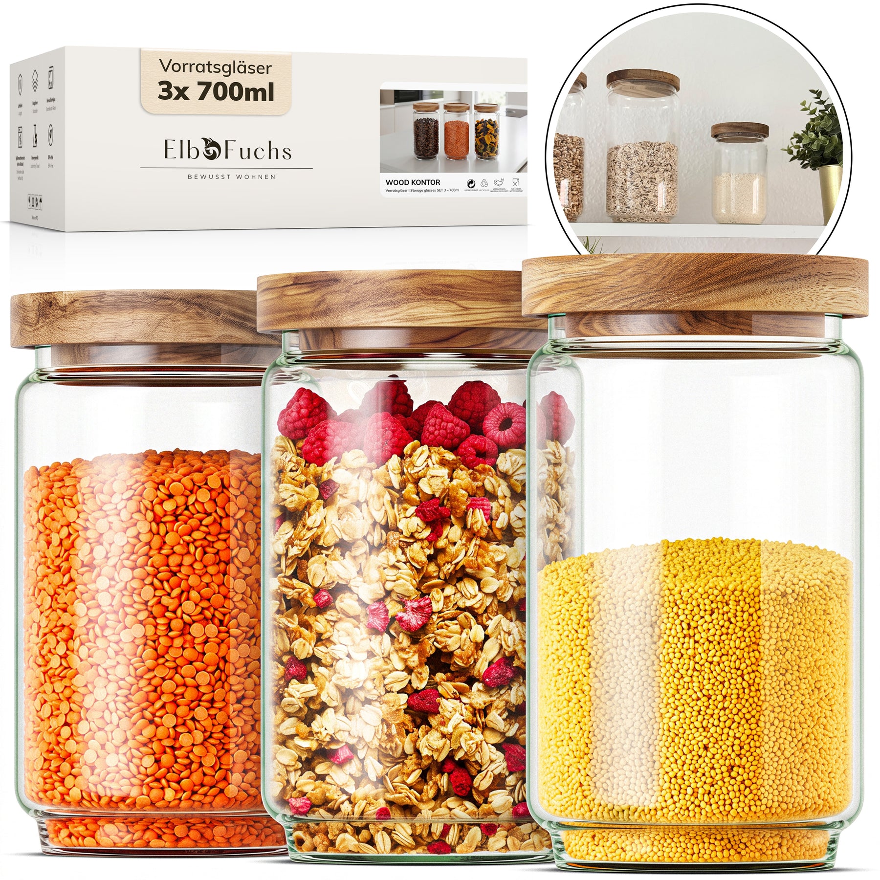 ElbFuchs Vorratsgläser 700ml im 3er-Set WOOD KONTOR, gefüllt mit roten Linsen, Müsli mit Himbeeren und Haferflocken sowie gelber Hirse, davor die passende Verpackung mit Produktdetails.