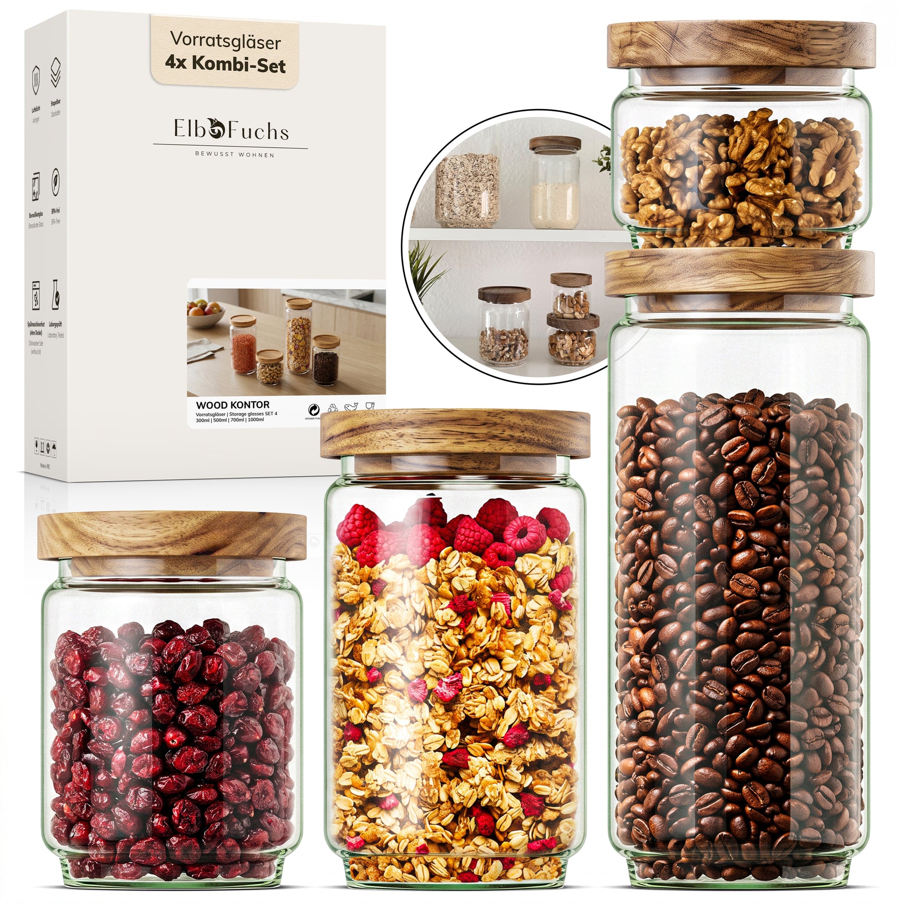 Die ElbFuchs Verpackung des Vorratsgläser 4er Kombi-Sets 'Wood Kontor' steht neben vier Gläsern mit Holzdeckel, gefüllt mit Walnüssen, Kaffeebohnen, getrockneten Cranberries und Müsli mit Himbeeren.