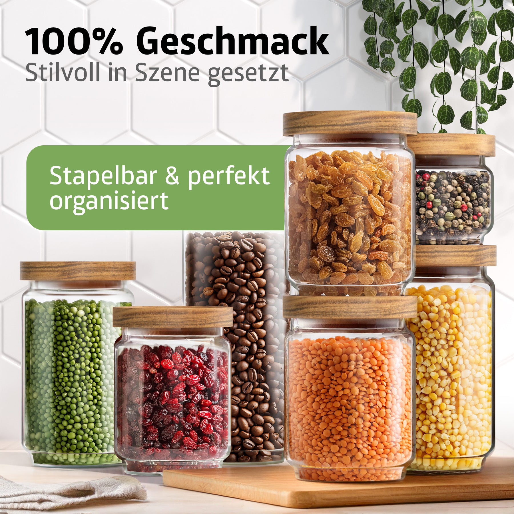 Mehrere unterschiedlich große ElbFuchs Vorratsgläser mit Holzdeckel sind stapelbar angeordnet und mit Rosinen, buntem Pfeffer, grünen Erbsen, getrockneten Cranberries, Kaffeebohnen, Linsen und Mungbohnen befüllt, vor einer weißen Fliesenwand mit hängender Grünpflanze.