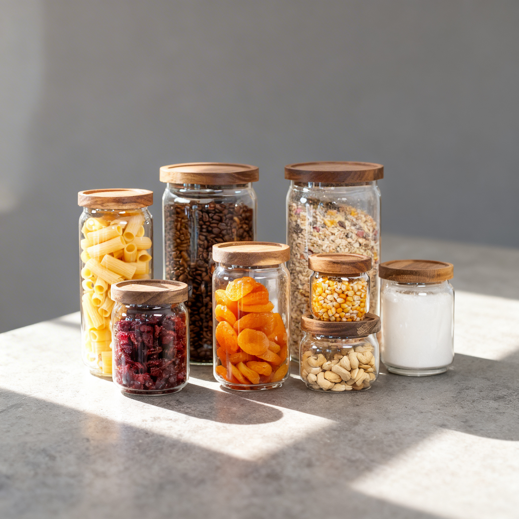 Luftdichte ElbFuchs Vorratsbehälter aus Glas und Akazienholz für Kaffee, Mehl und Gewürze. Hochwertiges Organisations-System für nachhaltiges Wohnen und Zero-Waste-Küchen. Plastikfrei & Mottensicher