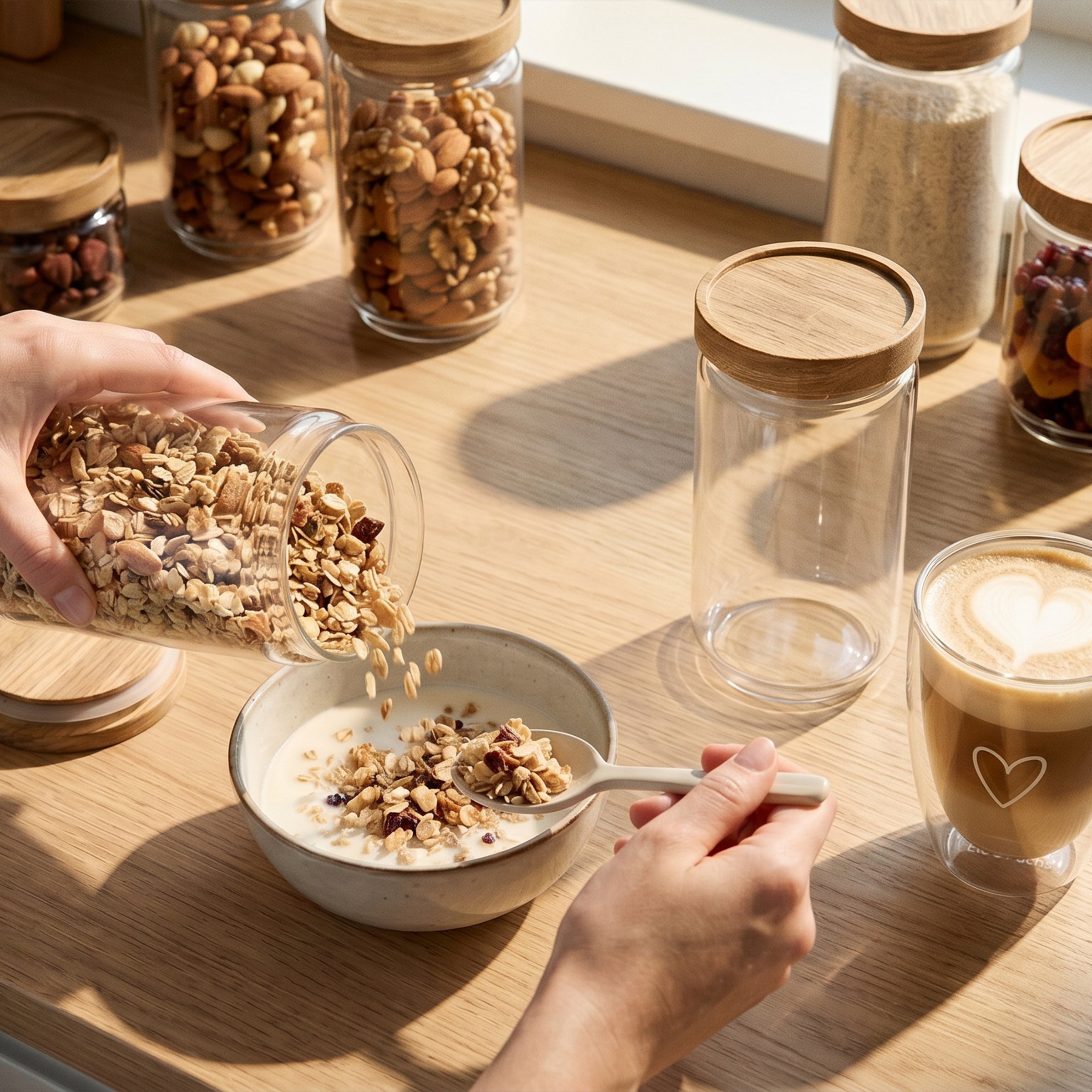 Eine stimmungsvolle Frühstücksszene im warmen, natürlichen Tageslicht: Eine Hand gießt knuspriges Granola-Müsli aus einem ElbFuchs Vorratsglas der Kollektion 'WOOD Kontor' in eine Schale mit Joghurt, während eine andere Hand einen Löffel hält. Neben der Müslischale steht ein doppelwandiges Kaffeeglas mit feiner Herzgravur, befüllt mit einem Cappuccino inklusive Herz-Latte-Art. Auf dem hellen Holztisch sind im Hintergrund weitere transparente Aufbewahrungsgläser mit edlen Holzdeckeln aufgereiht.